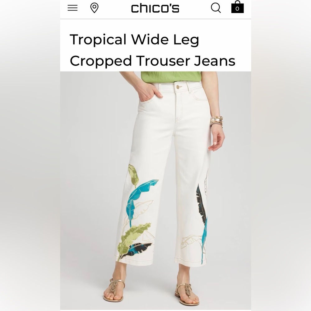 Chico's White Cropped Jeans with Leaf Design